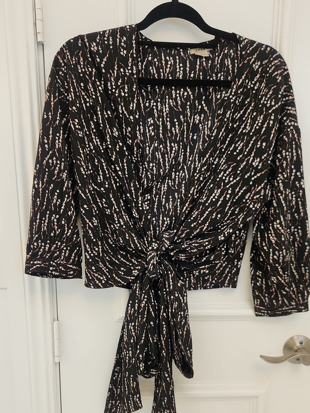 Tie-Front V-Neck Women's Top in Black with Blush Print